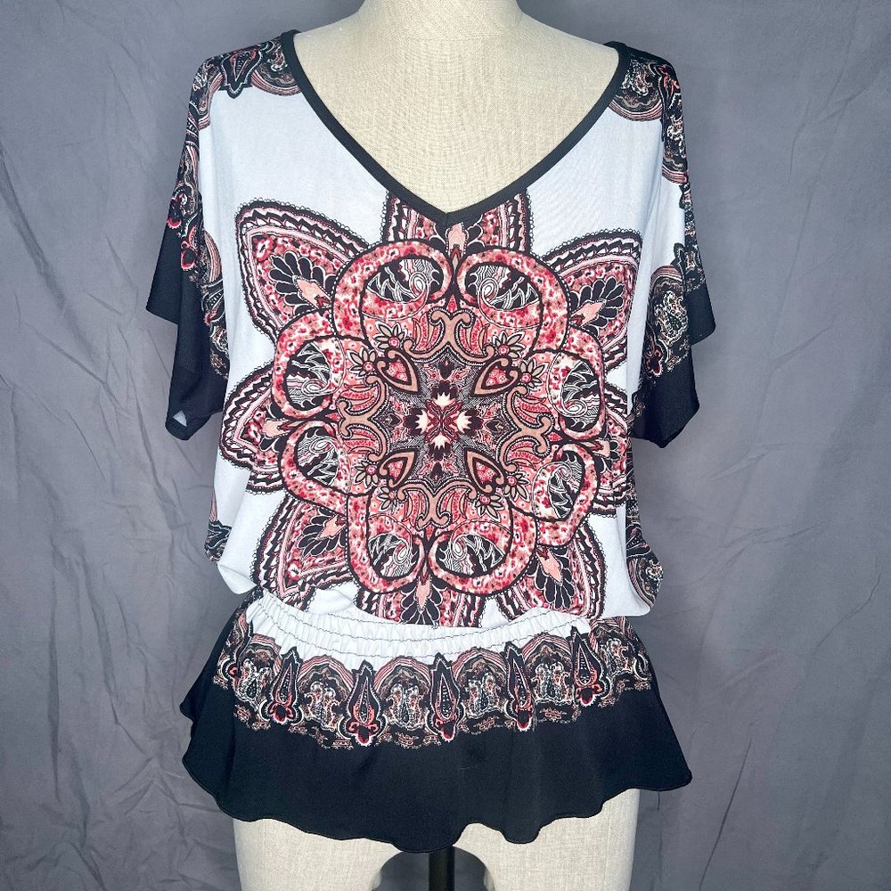 Claudia Richard - Scarf Print Elastic Waist Blouse Black/Pink/White Medium